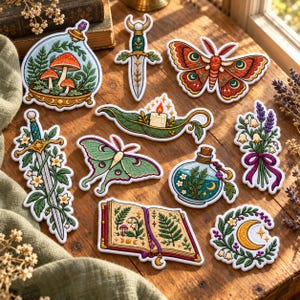 Botanical Fantasy Embroidered Patches, Luna Moth and Sword Iron On Patch, Witchy Cottagecore Applique for Tote Bags and Jackets