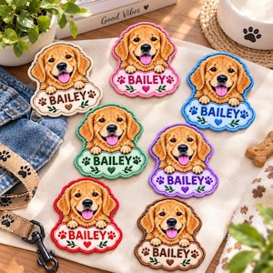 May include: Seven embroidered patches featuring a golden retriever dog with its paws resting on a nameplate that reads BAILEY. The patches come in various border colors including cream, pink, blue, green, purple, red, and brown.