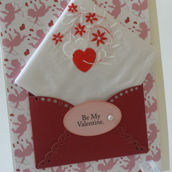 Valentine Handkerchief Embroidered Hanky Cupid Hearts Pink Red Holiday Card Friend Teacher Mother Be My Valentine Keepsake Gift