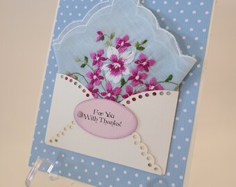 Vintage Embroidered Blue Hankie Card Handkerchief Scalloped Edge Violets Bridal Happy Tears Wedding Keepsake Thankyou Thanks