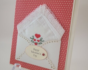 Valentine Hankie Card Vintage Embroidered Handkerchief Hearts Friend Keepsake Gift Lace Trimmed Hanky