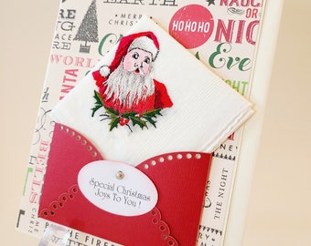 Christmas Hankie Card Vintage Embroidered Handkerchief Santa Claus Accessory Keepsake Gift Holiday Hanky