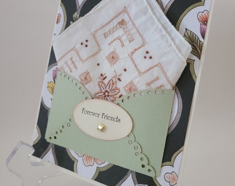 SALE Vintage Hankie Card Pocket Embroidered Handkerchief Mom Friend Keepsake Memento Retirement Birthday Greeting Card