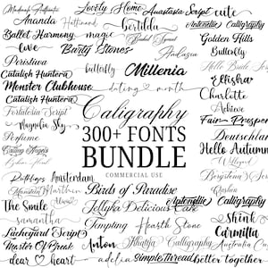 May include: A digital collection of over 300 calligraphy fonts displayed in black text on a white background. The central text reads Caligraphy 300+ FONTS BUNDLE COMMERCIAL USE, surrounded by various script font samples like Lovely Home and Millenia.