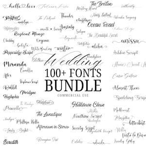 May include: A digital collection of over 100 black script and serif fonts displayed on a white background. The central text reads Wedding 100+ FONTS BUNDLE COMMERCIAL USE, surrounded by various font samples including names like Hello Love, Thunder, and Anissa.