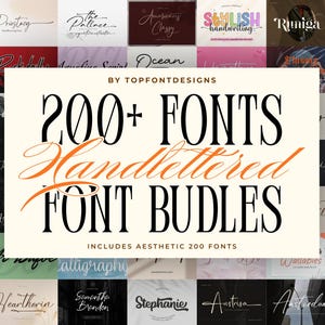 Könnte beinhalten: Eine digitale Sammlung von über 200 handgeschriebenen Schriftarten mit dem Titel 200+ FONTS Handlettered FONT BUNDLES BY TOPFONTDESIGNS. Die zentrale cremefarbene rechteckige Grafik zeigt den Text in Schwarz und Orange auf einem Raster.