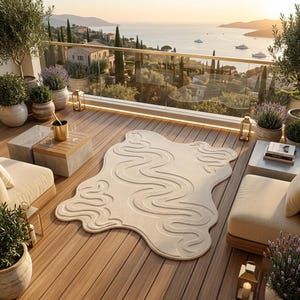 May include: An off-white area rug with an irregular, organic shape featuring a raised, embossed wavy line pattern that snakes across the surface. The rug is positioned on a wooden deck floor between two beige outdoor chairs and various potted plants.
