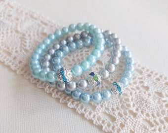 Children/Flower girl - frozen colour themed elastic pearl bracelet stack