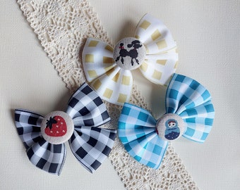 Children/girls hair clip - Russian Doll strawberry poodle gingham bow