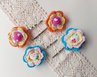 Crochet flower button hair bobby pins