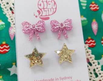 Christmas stud pack - glitter bows and stars