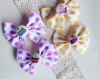 Children/girls hair clip - cakes and dogs button gingham bow