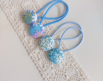 Children/girl/ everyday hair tie  - blue floral fabric covered button hair tie