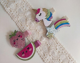 Children/Girls/Baby girl hair clip - Glitter rainbow unicorn/fruits set