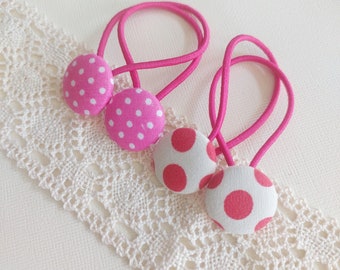 Children/girl/ everyday hair tie - pink polka dots fabric covered button hair tie