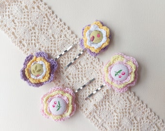 Crochet flower button hair bobby pins