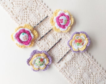 Crochet flower button hair bobby pins