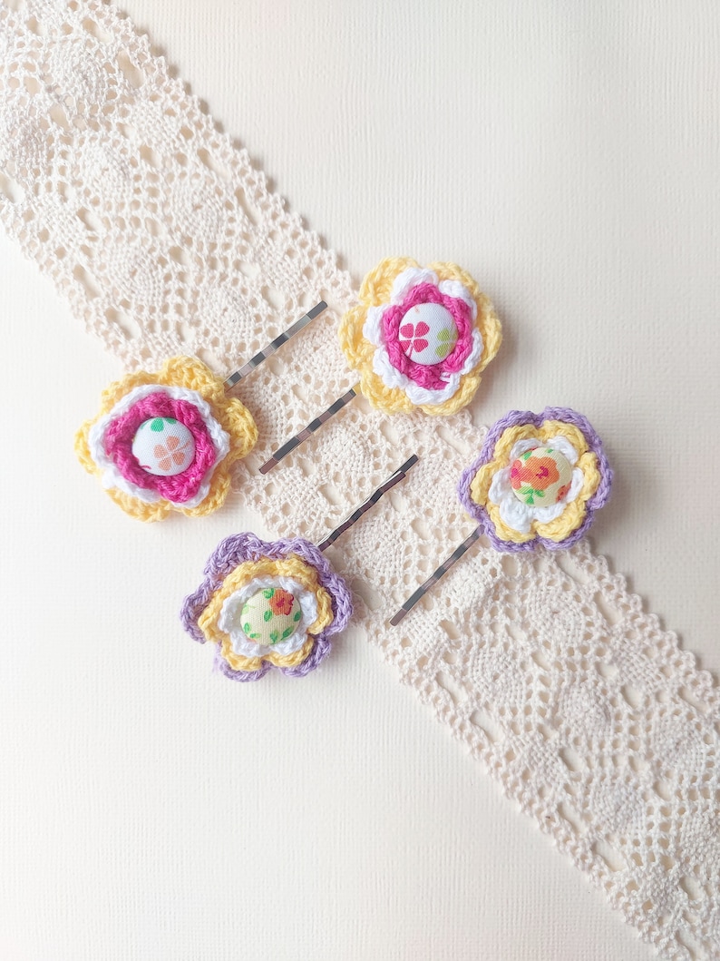 Crochet flower button hair bobby pins image 1