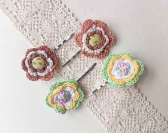 Crochet flower button hair bobby pins