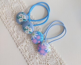 Children/girl/ everyday hair tie  - blue floral fabric covered button hair tie