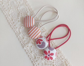 Children/girl/ everyday hair tie - orange stripes red floral fabric covered button hair tie