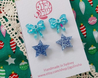 Christmas stud pack - glitter bows and stars