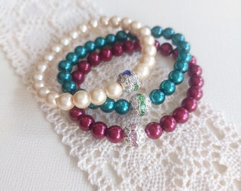 Children/Flower girl elastic pearl bracelet stack - Christmas edition