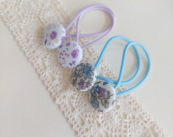 Children/girl/ everyday hair tie - purple and blue floral fabric covered button hair tie