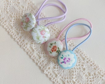 Children/girl/ everyday hair tie - pink floral fabric covered button hair tie