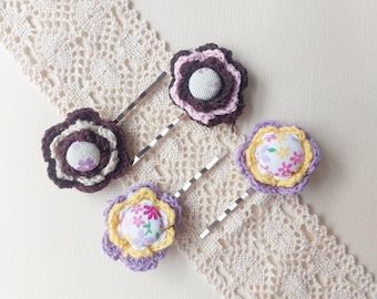 Crochet flower button hair bobby pins