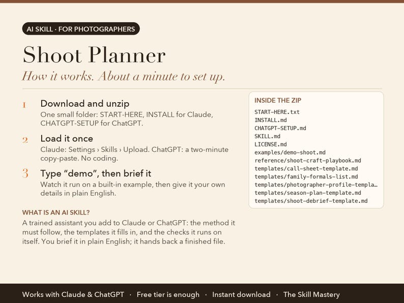 Shoot Planner: how it works in three steps and what's inside the zip