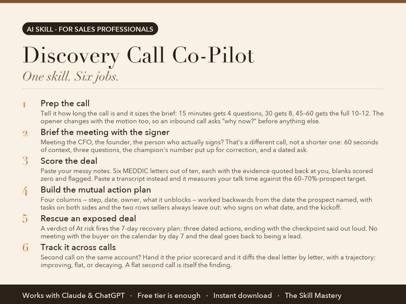 Discovery Call Co-Pilot: what it does, the six jobs