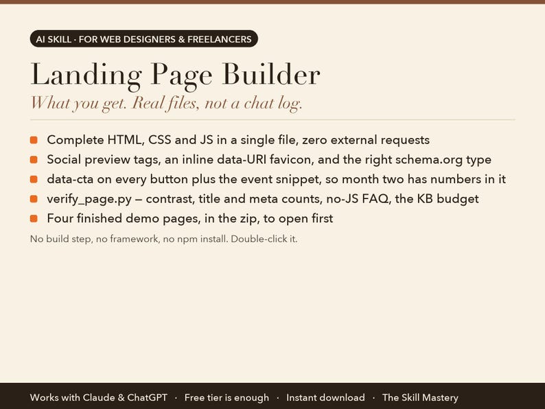 Landing Page Builder: what you get, the files it produces