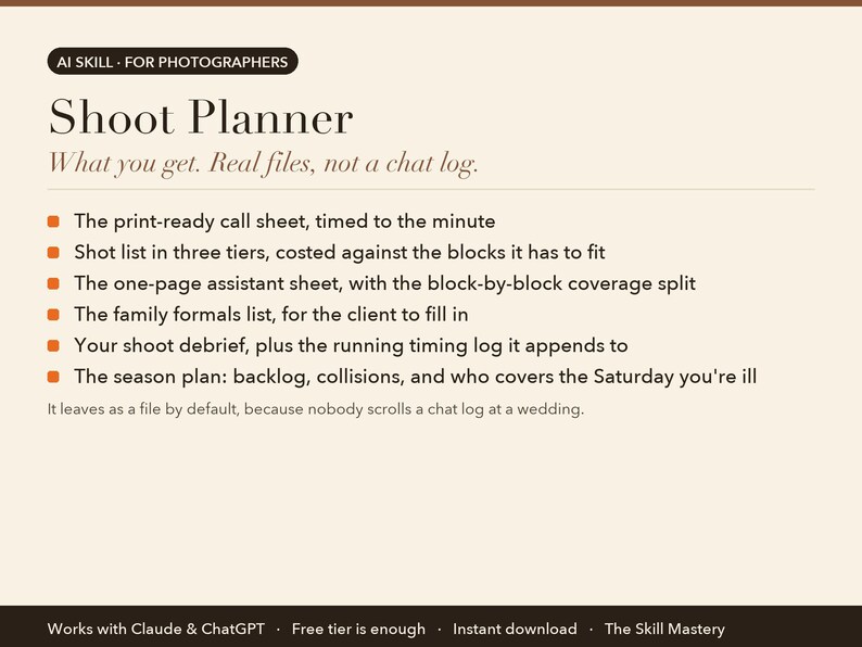 Shoot Planner: what you get, the files it produces