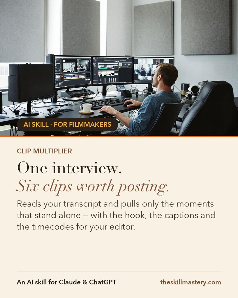 Clip Multiplier: One interview. Six clips. An $850 line on your invoice.