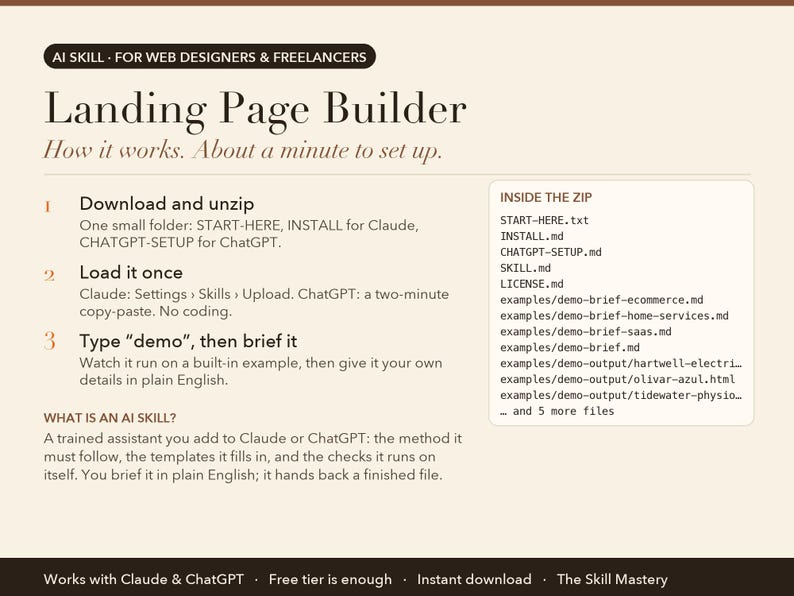 Landing Page Builder: how it works in three steps and what's inside the zip