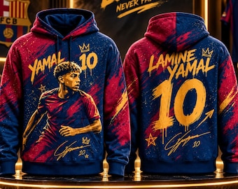 May include: A blue and red hooded sweatshirt featuring a graphic of Lamine Yamal, the number 10, and the text Yamal 10 on the front, with Lamine Yamal 10 and a signature on the back. The design includes yellow crown icons and stars.