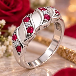 Puede incluir: Un anillo de tono plateado con una serie de rubíes rojos y diamantes blancos transparentes de corte redondo alternados, engastados en una banda de metal pulido. El diseño incorpora segmentos metálicos curvos que separan los canales.
