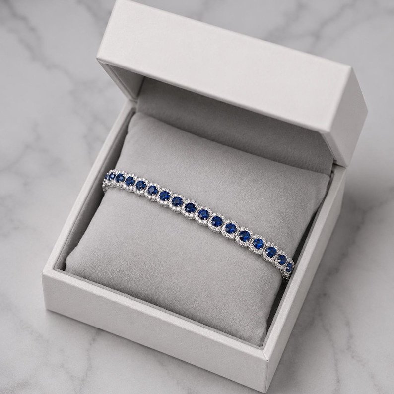 Natural Sapphire & Diamond Round Cut, 18K White Gold Bracelet , 14.00 ...