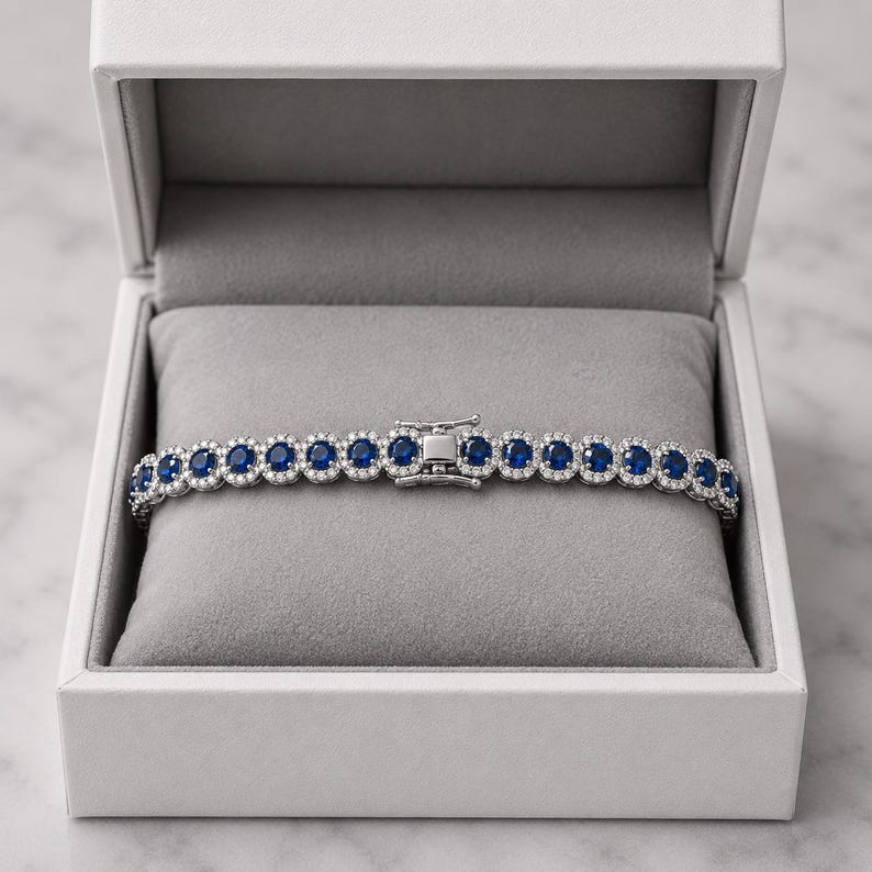 Natural Sapphire & Diamond Round Cut, 18K White Gold Bracelet , 14.00 ...