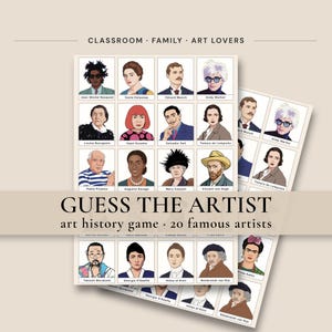 May include: A Guess the Artist art history game featuring 20 famous artists on cards. The game includes illustrations of figures like Jean-Michel Basquiat, Yayoi Kusama, Salvador Dali, and Frida Kahlo, with names printed below each portrait.