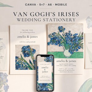 May include: A wedding stationery set featuring Van Gogh's Irises artwork, including a thank you card, invitation, RSVP card with a QR code, and a mobile phone display. The cards are white with blue iris floral illustrations and black text.