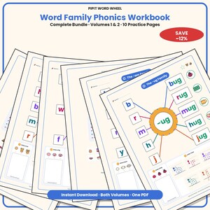 Może przedstawiać: Zeszyt ćwiczeń z fonetyki zatytułowany Pipit Word Wheel Word Family Phonics Workbook Complete Bundle Volumes 1 & 2 10 Practice Pages. Strony zawierają ćwiczenia z rodzinami słów, kolorowe diagramy, śledzenie liter oraz ilustracje.