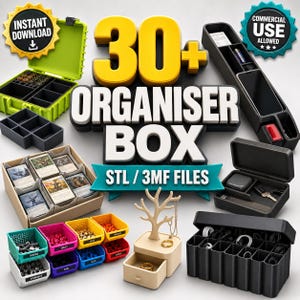 Könnte beinhalten: Eine Sammlung von 3D-druckbaren Organizer-Boxen und Aufbewahrungslösungen, darunter ein limettengrüner Hartschalenkoffer, eine schwarze Autokonsolenablage, eine beige Kartenbox, kleine bunte beschriftete Behälter, ein baumförmiger Schmuckständer und eine schwarze Box.
