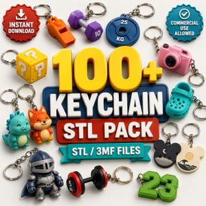 May include: A digital collection of 100+ keychain STL files featuring various designs including a whistle, dumbbells, a weight plate, a camera, a question mark block, a dinosaur, a fox, a clog, a knight, and the number 23, with text 100+ KEYCHAIN STL PACK.