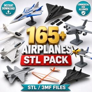 Pode incluir: Uma coleção digital de mais de 165 modelos de aviões para impressão 3D, com vários designs de aeronaves incluindo caças, aviões de carga e planadores em branco, cinza e preto, com o texto 165+ AIRPLANES STL PACK STL / 3MF FILES.