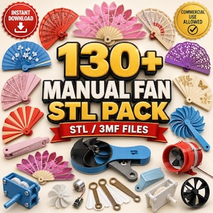 Puede incluir: Una colección digital de más de 130 archivos STL de abanicos manuales con varios diseños plegables en rojo, azul, rosa y morado, junto con componentes mecánicos, engranajes y motores. El texto dice 130+ MANUAL FAN STL PACK STL / 3MF FILES.