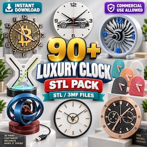 Può includere: Una collezione digitale di oltre 90 file STL e 3MF di orologi di lusso con vari design, tra cui un orologio Bitcoin, un orologio a tema automobilistico, un orologio a turbina, un orologio a forma di X e diversi orologi da scrivania.