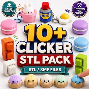 Puede incluir: Una colección digital de más de 10 archivos STL y 3MF de juguetes fidget impresos en 3D, que incluye macarons coloridos, un llavero WD-40, un huevo frito, un conejo blanco en una taza rosa y varios dumplings sonrientes en cestas de bambú.