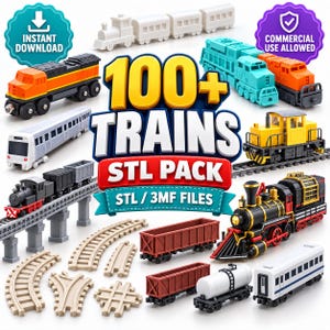 Puede incluir: Una colección digital de más de 100 modelos de trenes que incluye locomotoras, vagones de pasajeros, vagones de carga y piezas de vía. La imagen muestra varios diseños de trenes en naranja, negro, amarillo, blanco y verde azulado.
